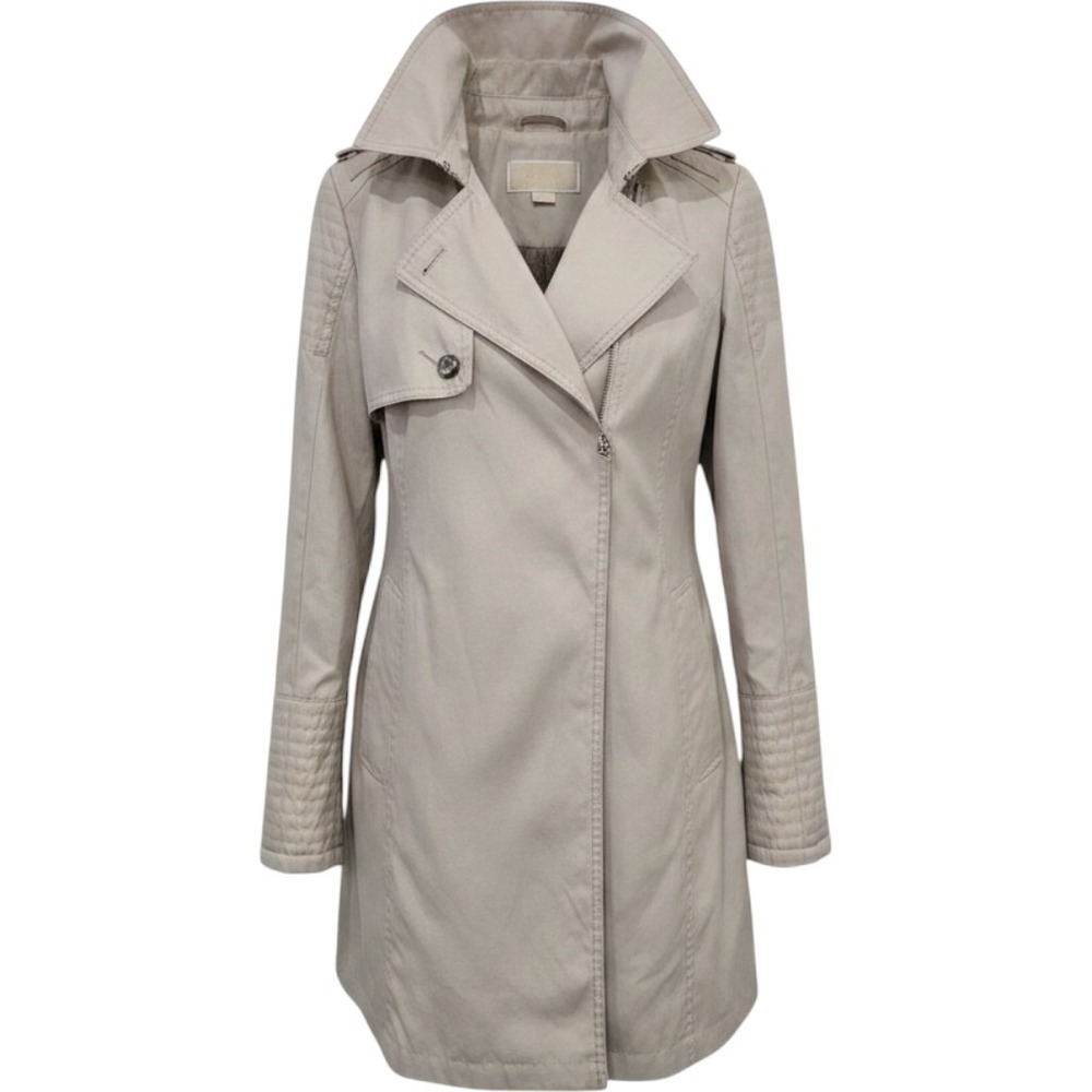 Michael Kors Womens Beige Hooded Trench Coat Jacket Khaki Medium MK Logo Lining